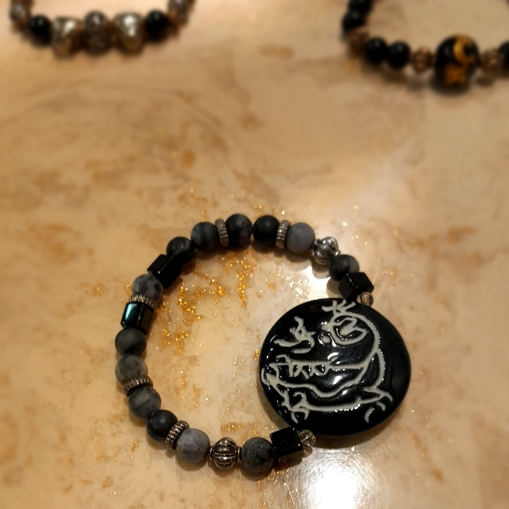 Engraved-Etched stone Beaded Bracelet $4.99 Shipping - Picture 3 of 4